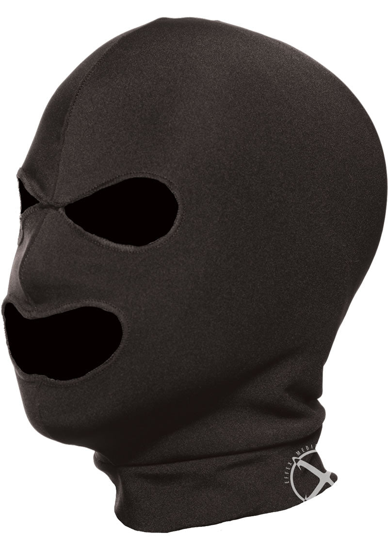 Black spandex hood with eye and mouth holes, side view