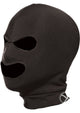 Black spandex hood with eye and mouth holes, side view