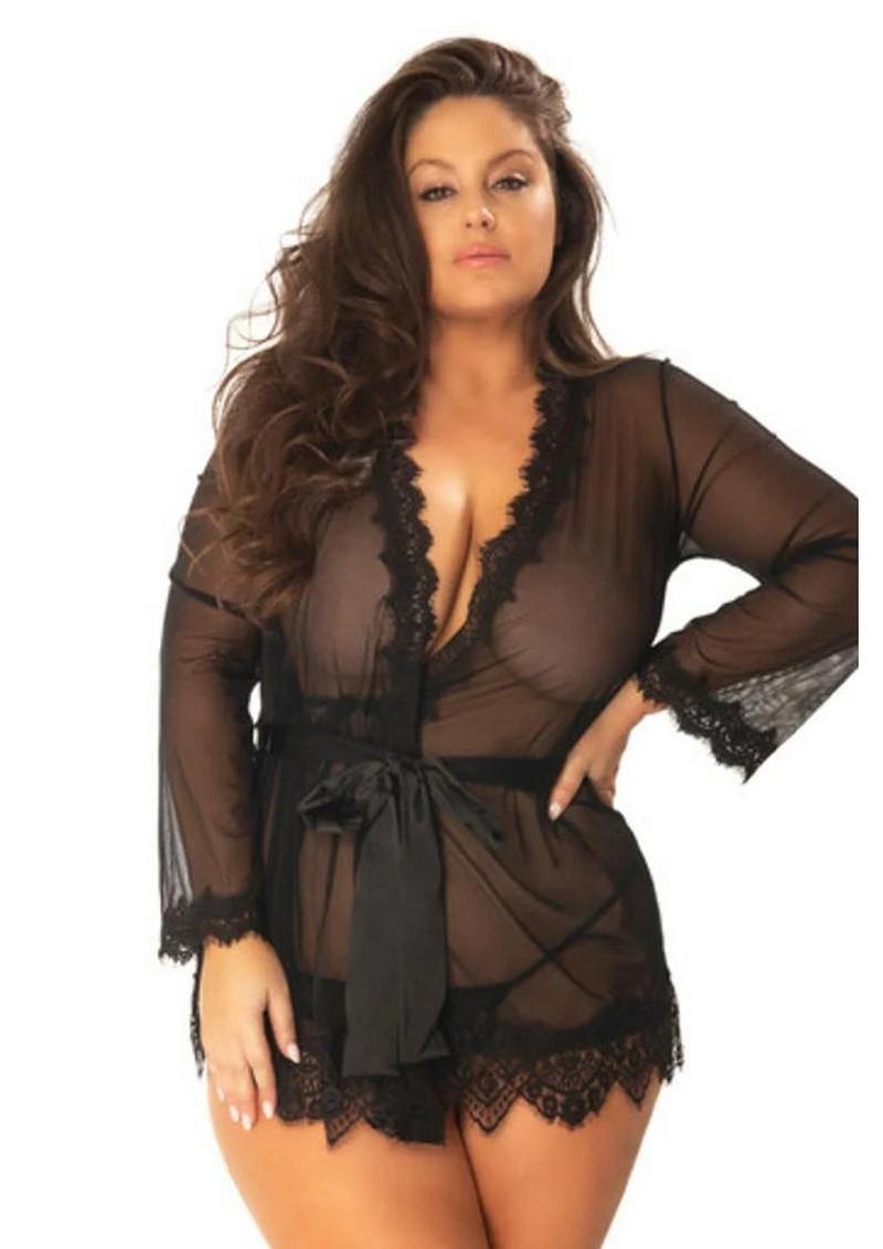 Oh La La Cheri Provence Sheer Lace Robe Set - Black - 1X/2X