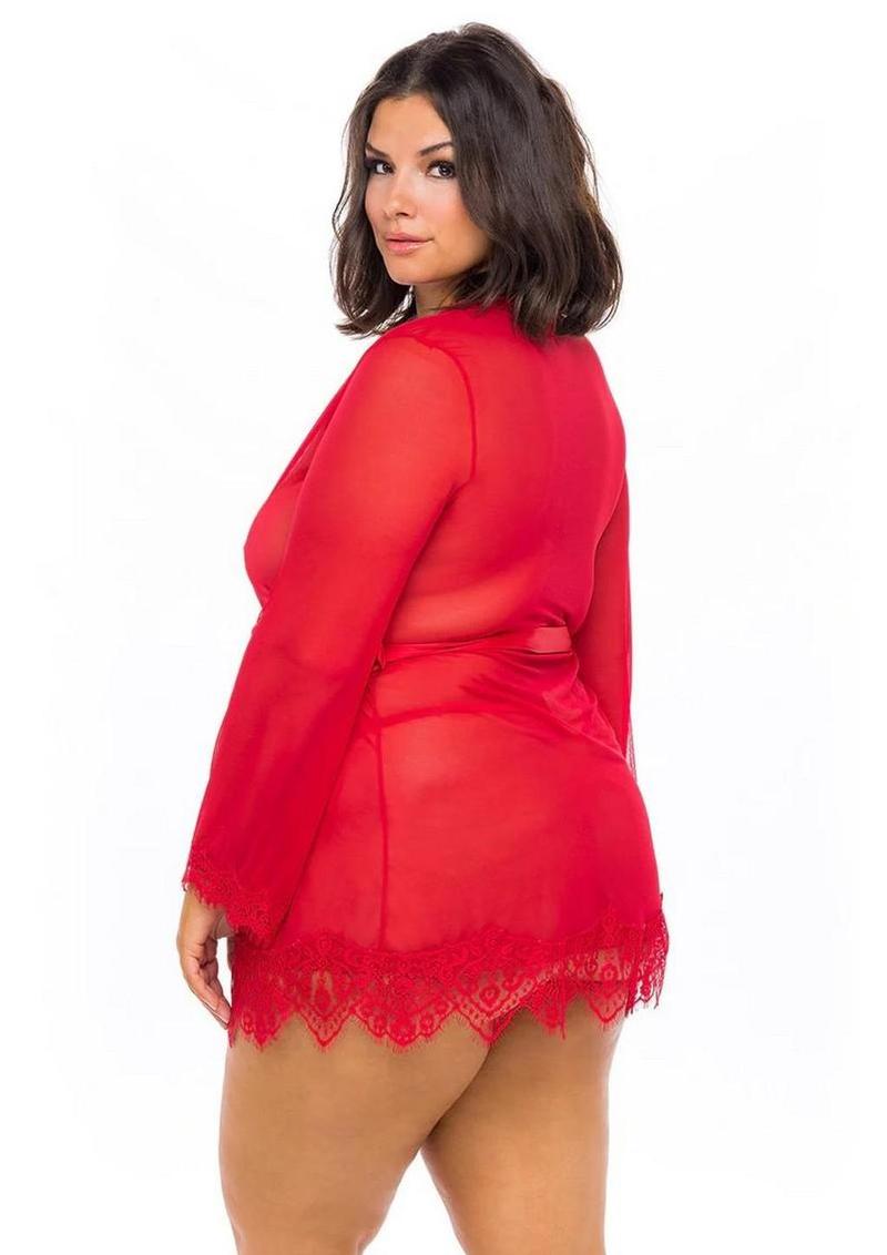 Oh La La Cheri Provence Sheer Lace Robe Set - Red - 1X/2X