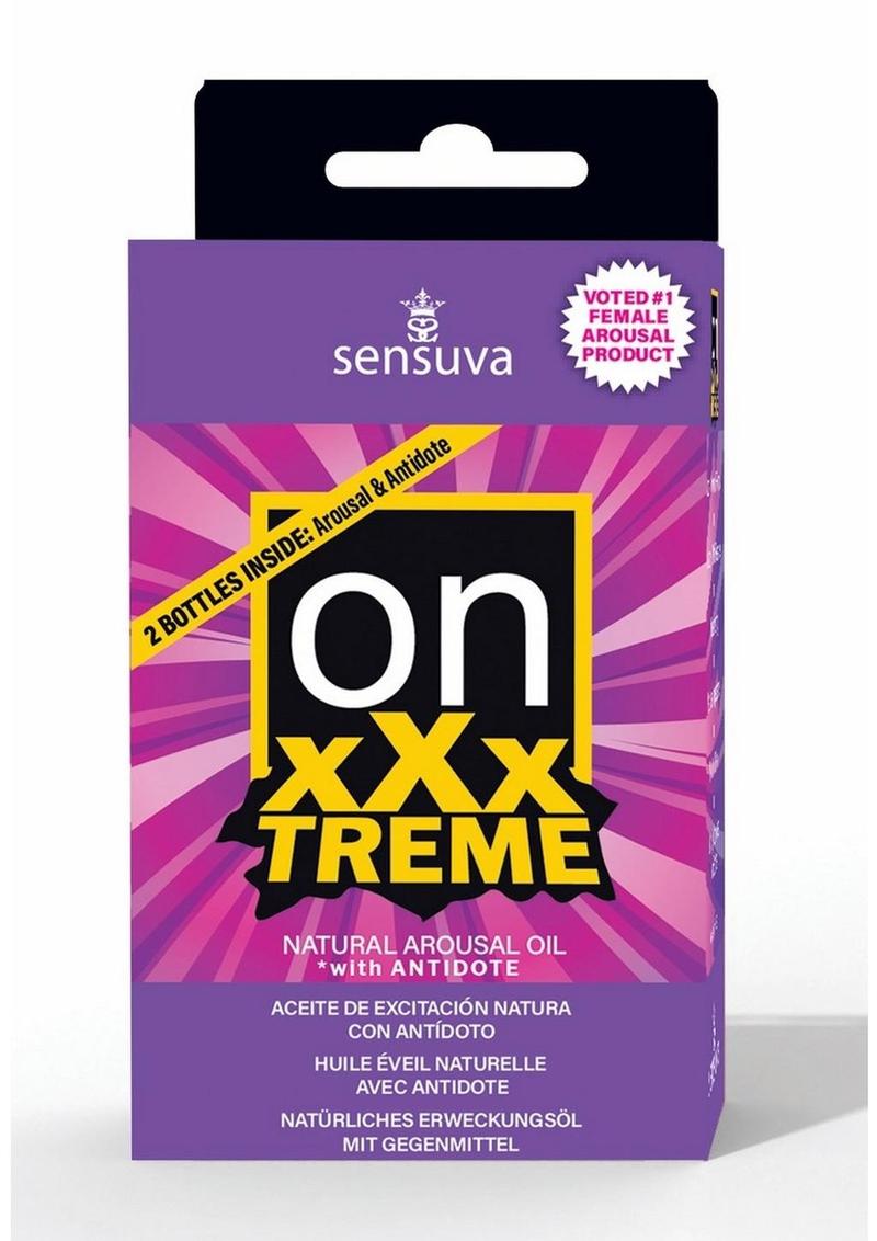 Sensuva ON xXxTreme Arousal Oil retail box, purple and yellow