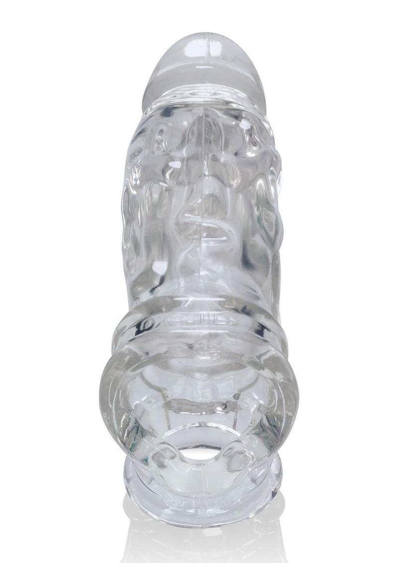 Clear Oxballs Butch Cock Sheath, upright front view showing veins