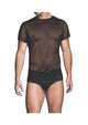 Prowler Red Mesh Tee Shirt – Black mesh, worn, front view