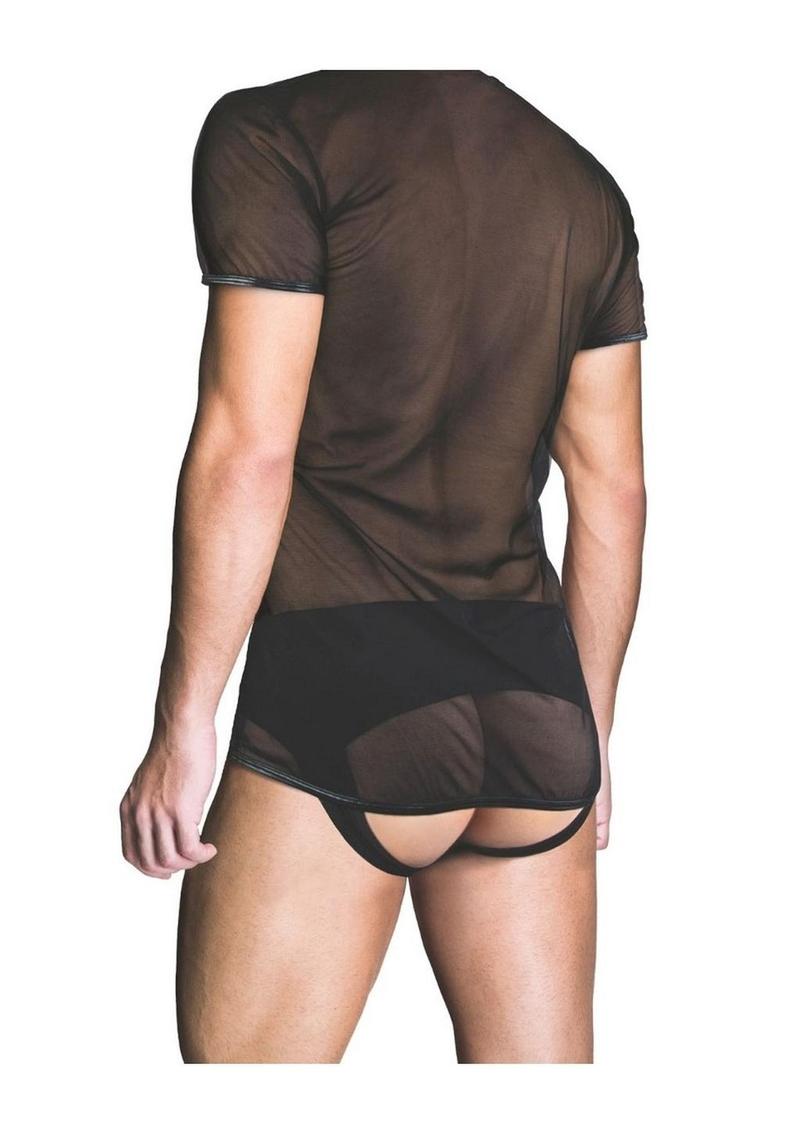 Prowler Red Mesh Tee Shirt – Black mesh, worn, back view