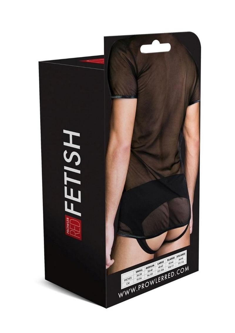 Prowler Red Mesh Tee Shirt – Black mesh, packaging back, size chart