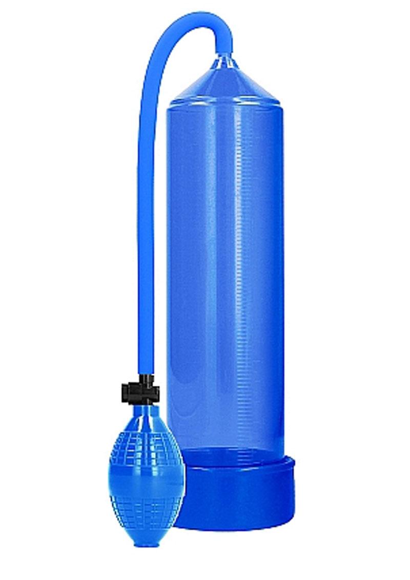 Blue Pumped Classic Penis Pump with squeeze bulb, front view