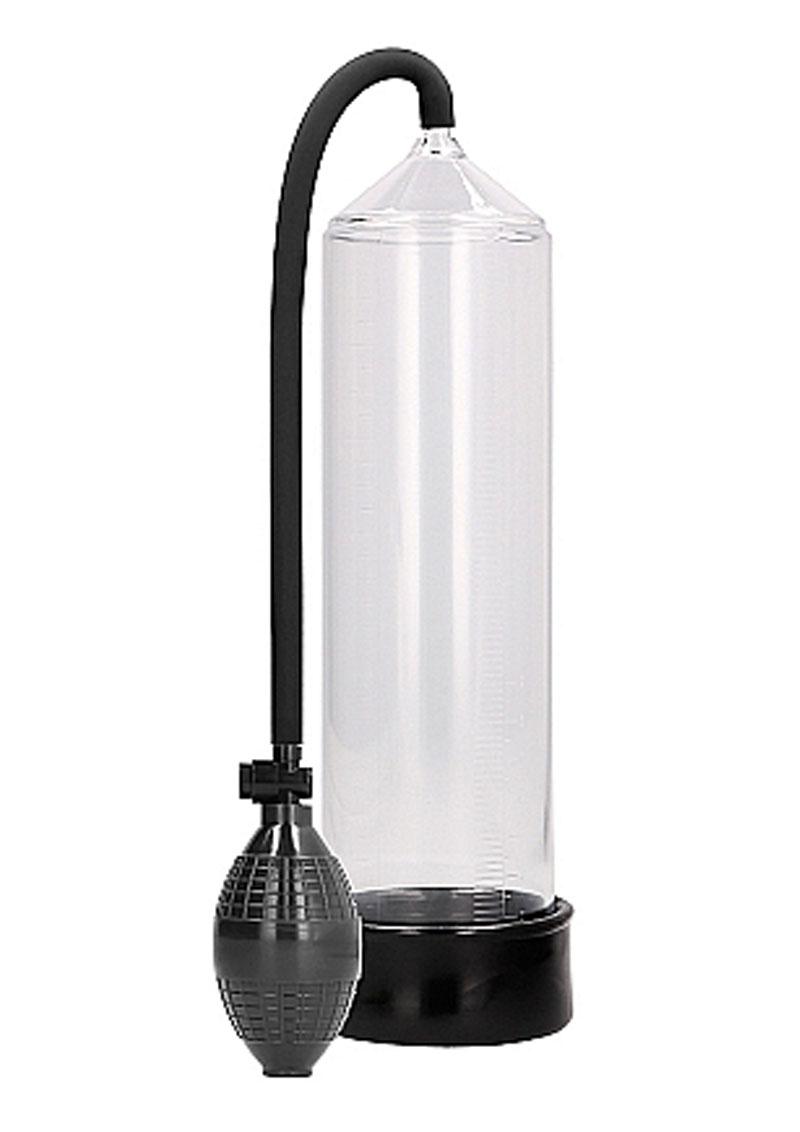 Clear Pumped Classic Penis Pump with squeeze bulb, front view
