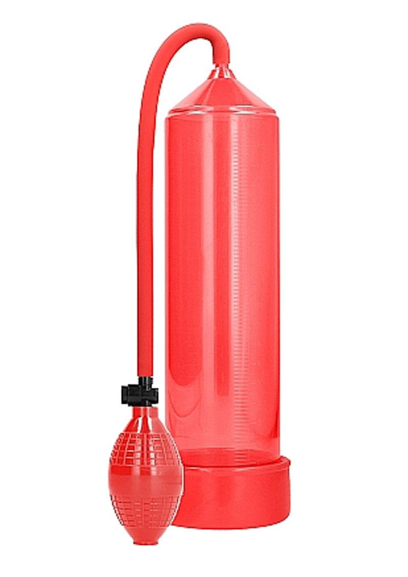 Red Pumped Classic Penis Pump with squeeze bulb, front view