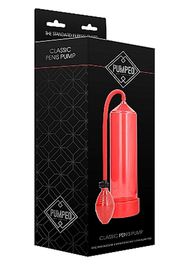 Red Pumped Classic Penis Pump in retail packaging