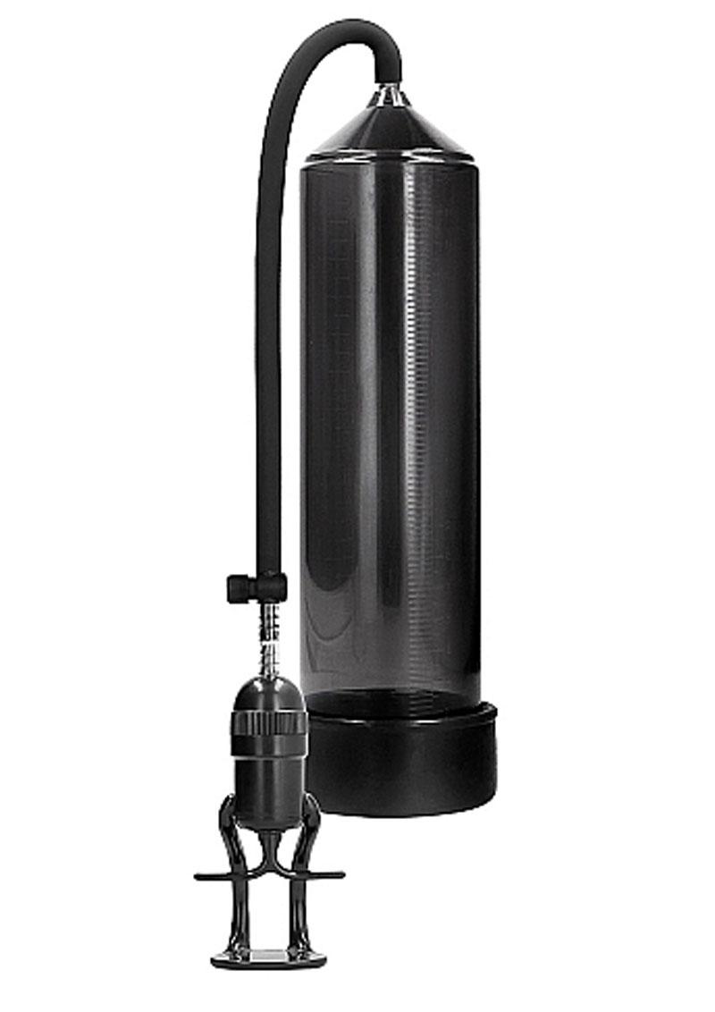 Black Pumped Deluxe Beginner Penis Pump with finger grip pump, front view