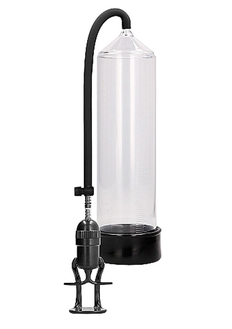 Clear Pumped Deluxe Beginner Penis Pump with finger grip pump, front view