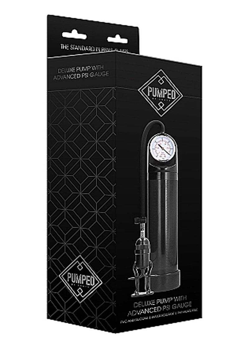 Black Pumped Deluxe Penis Pump with PSI Gauge in retail packaging