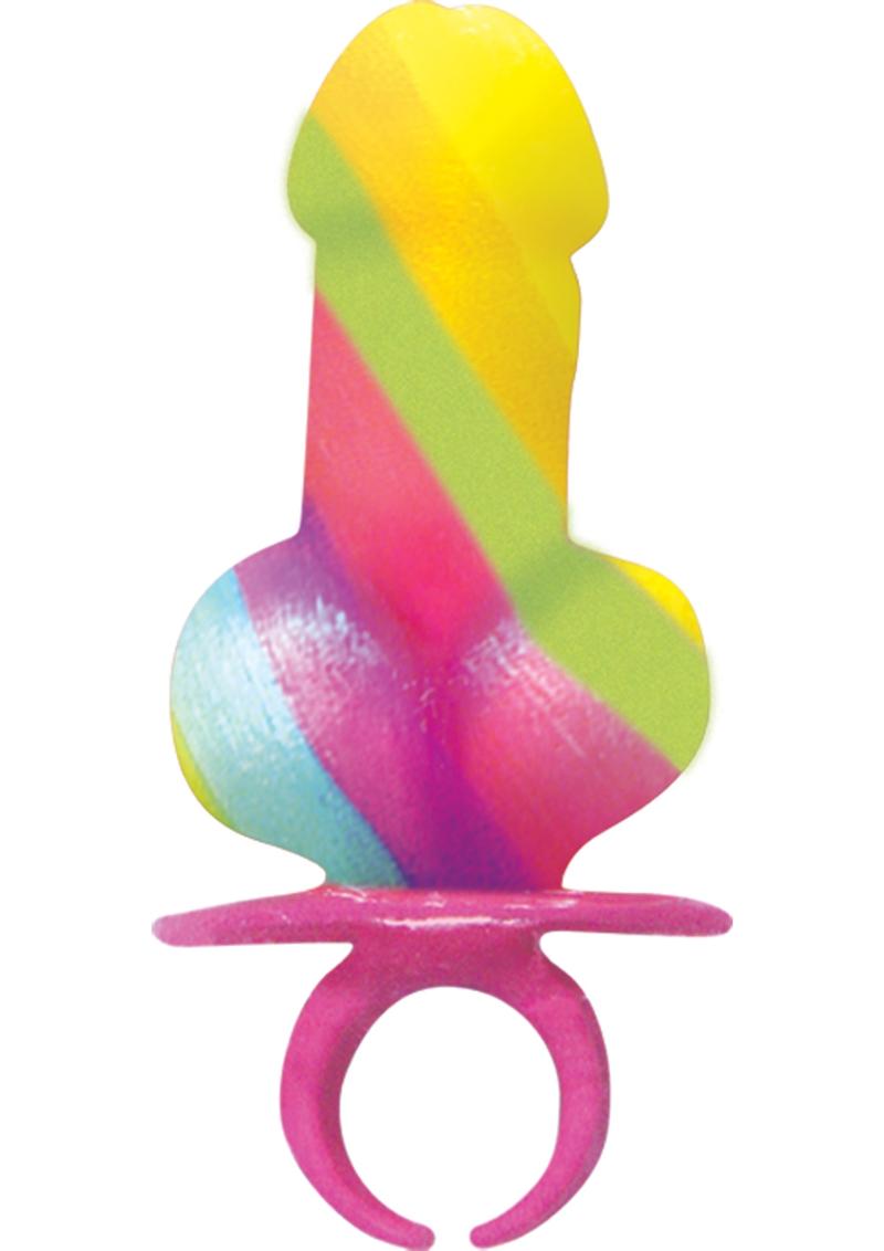 Rainbow-striped penis-shaped candy on a pink finger ring, front view