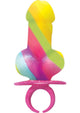 Rainbow-striped penis-shaped candy on a pink finger ring, front view