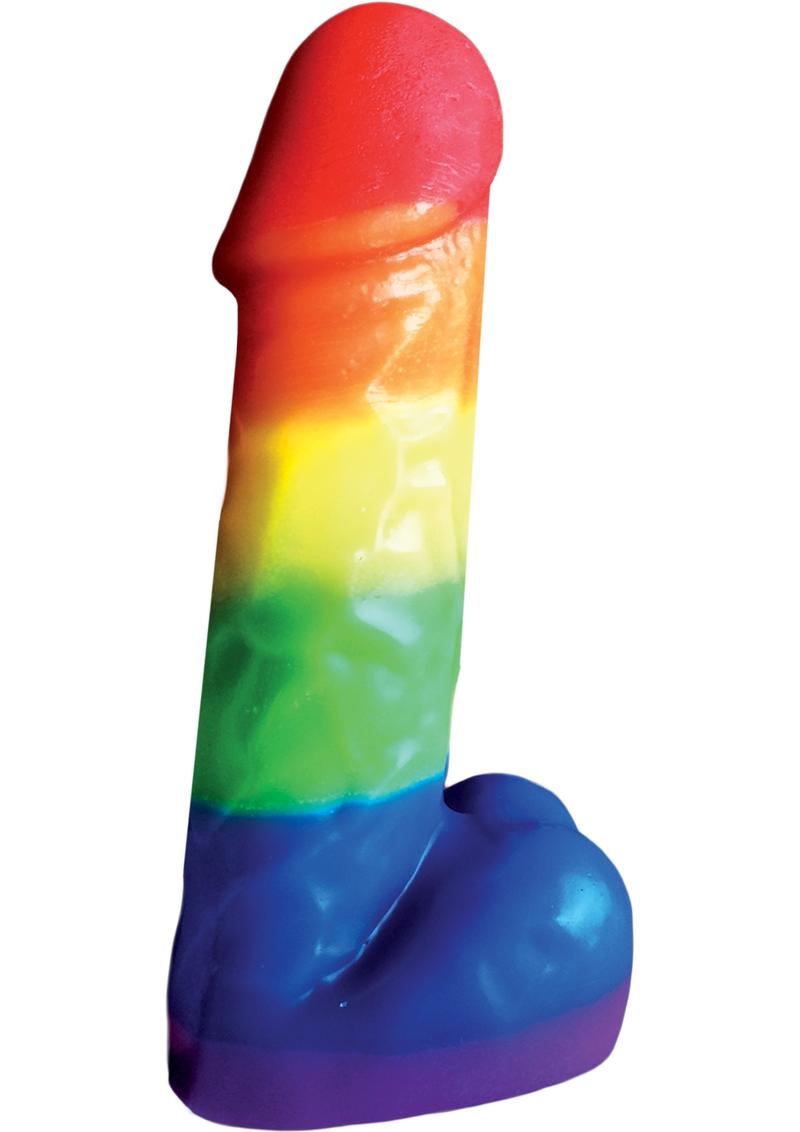 Rainbow pecker-shaped party candle, front view