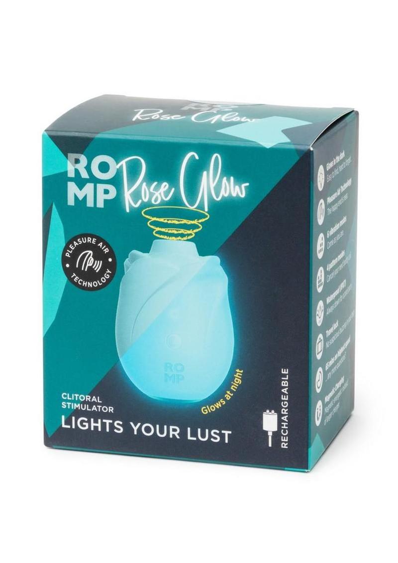 Romp Rose Glow Rechargeable Silicone Glow In The Dark Air Clitoral Stimulator - Blue