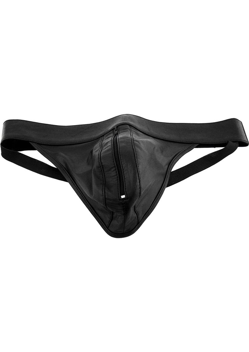 Black Rouge Leather Zip Jock Strap, front view of zip pouch