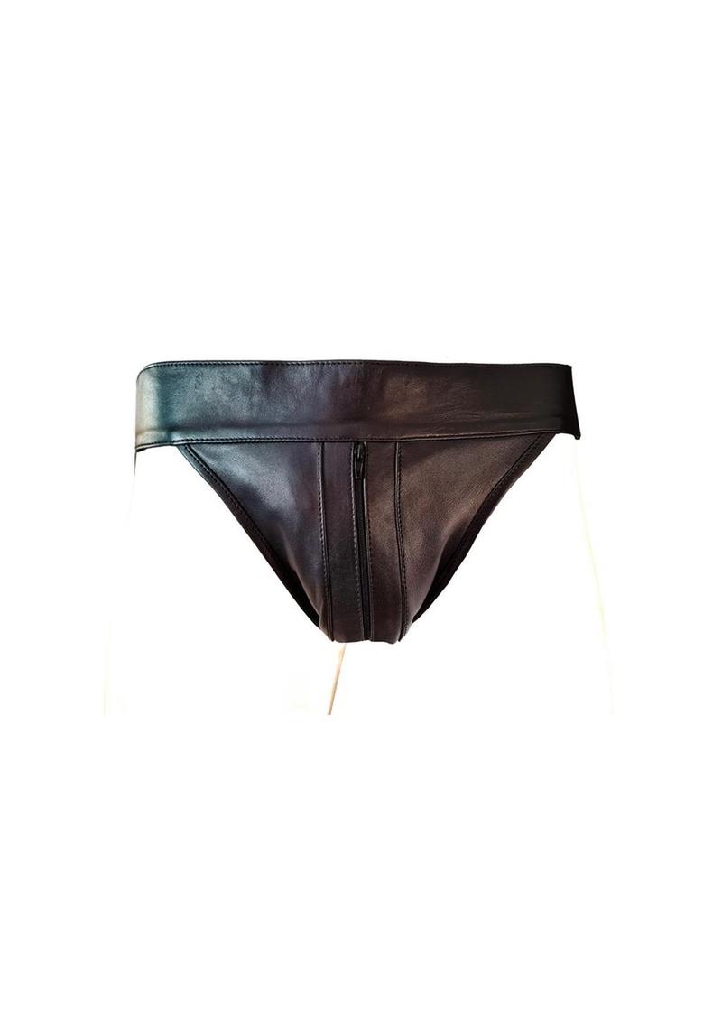 Black Rouge Leather Zip Jock Strap, front pouch detail