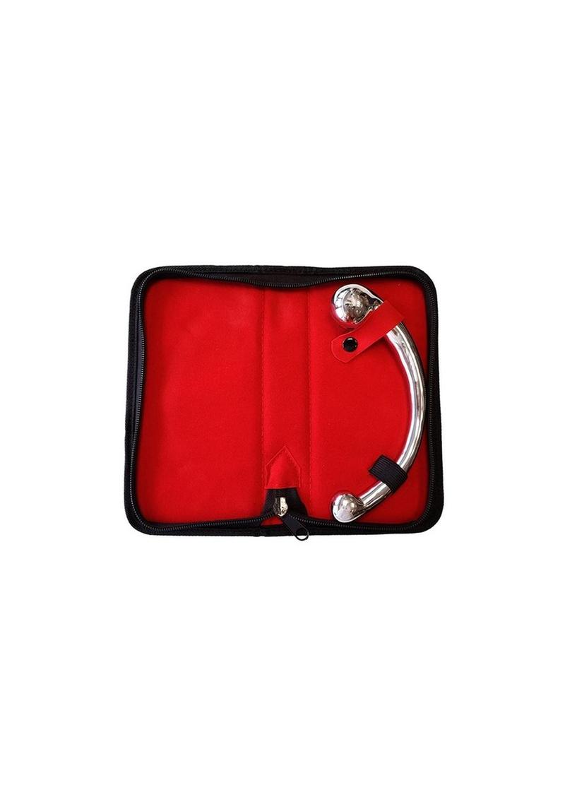 Rouge Stainless Steel Wand Dildo – Silver, shown in travel case