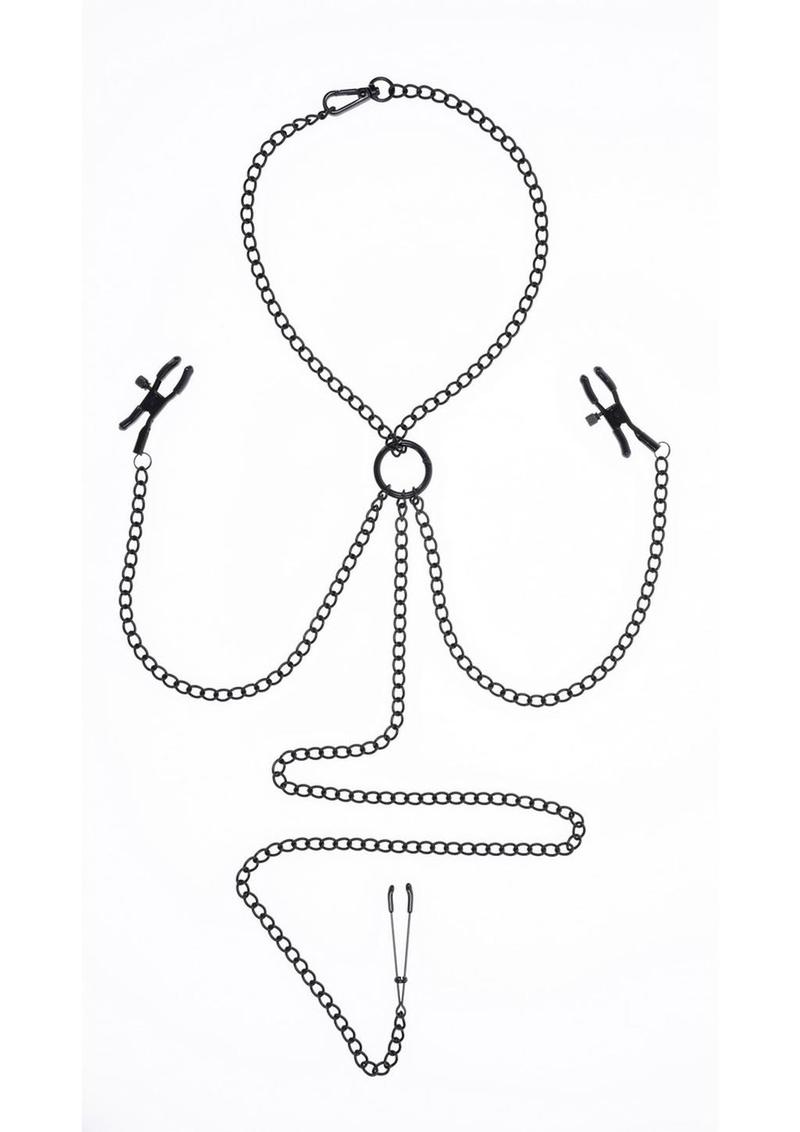 Saffron Nipple to Clit Clamp Set – Black/Red, full chain set