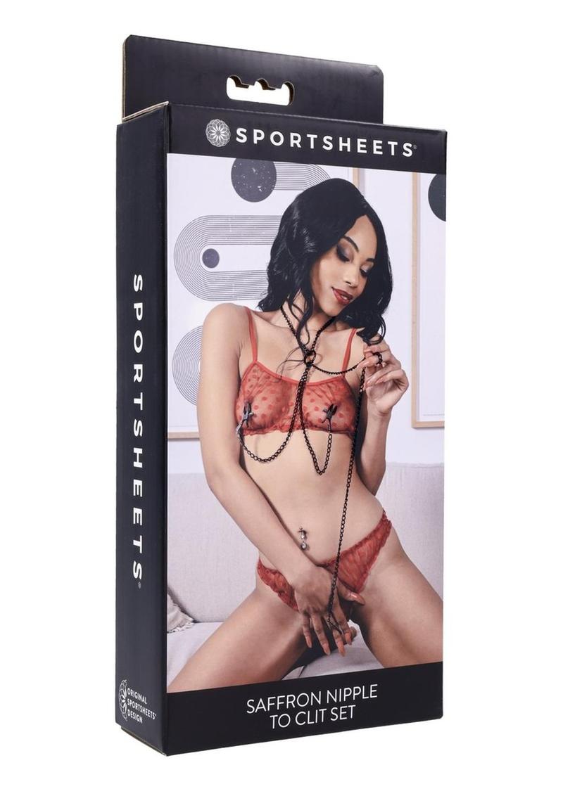 Saffron Nipple to Clit Clamp Set – Black/Red, packaging shot