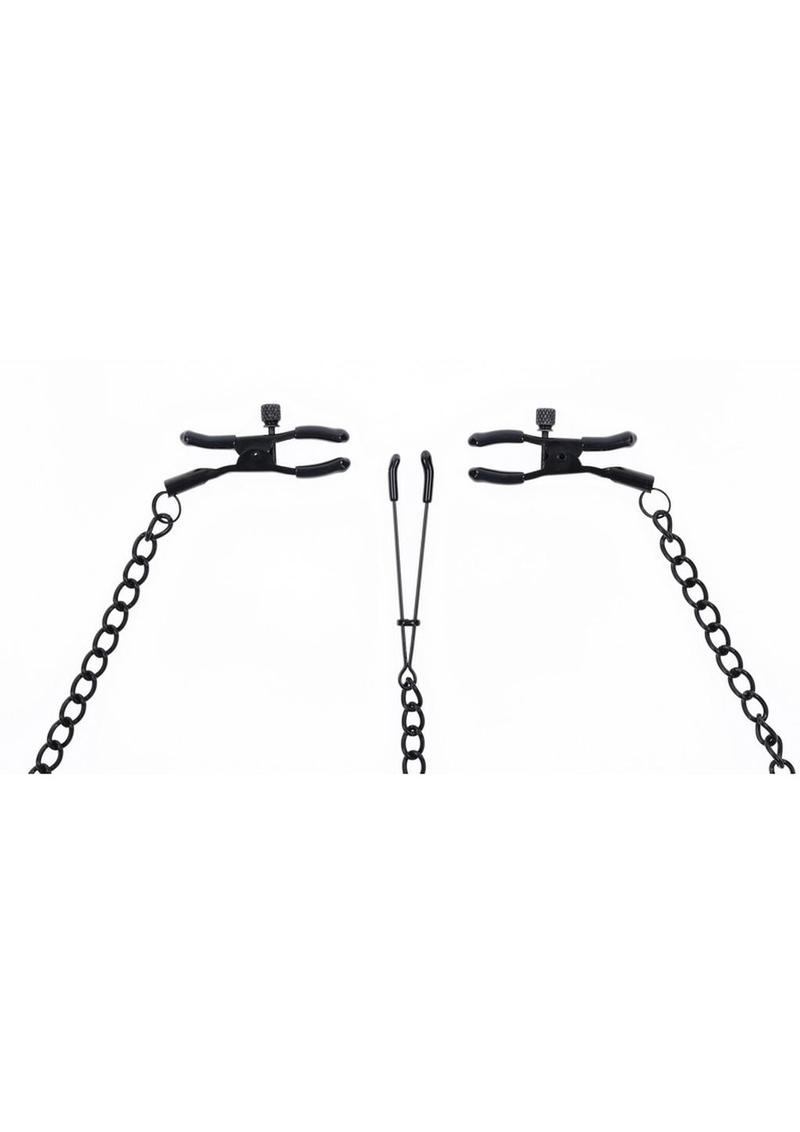 Saffron Nipple to Clit Clamp Set – Black/Red, close-up of clamps