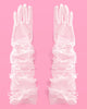 Pair of sheer white bow gloves laid side by side