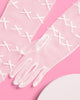 Detail of sheer white glove fingers and bow trim