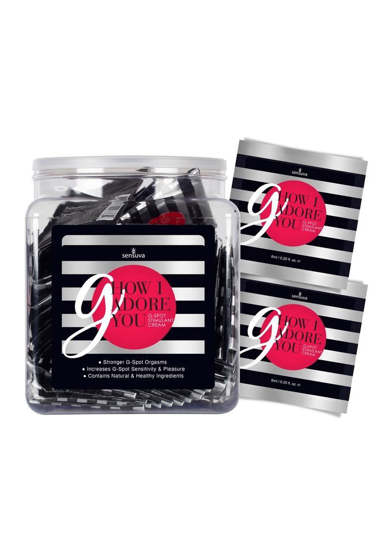 Sensuva G How I Adore You 6ml pillow packets shown with the countertop tub they come in