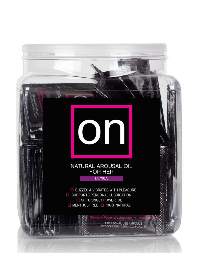 Sensuva ON Ultra Arousal Oil single-use packets, black with pink ON logo