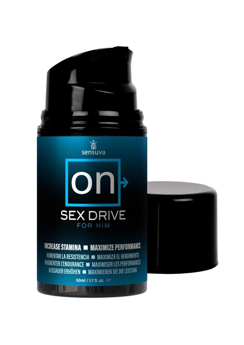 Sensuva ON Sex Drive For Him 1.7 oz pump bottle with cap off, front view