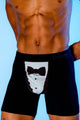 Model wearing the black tuxedo print boxer brief