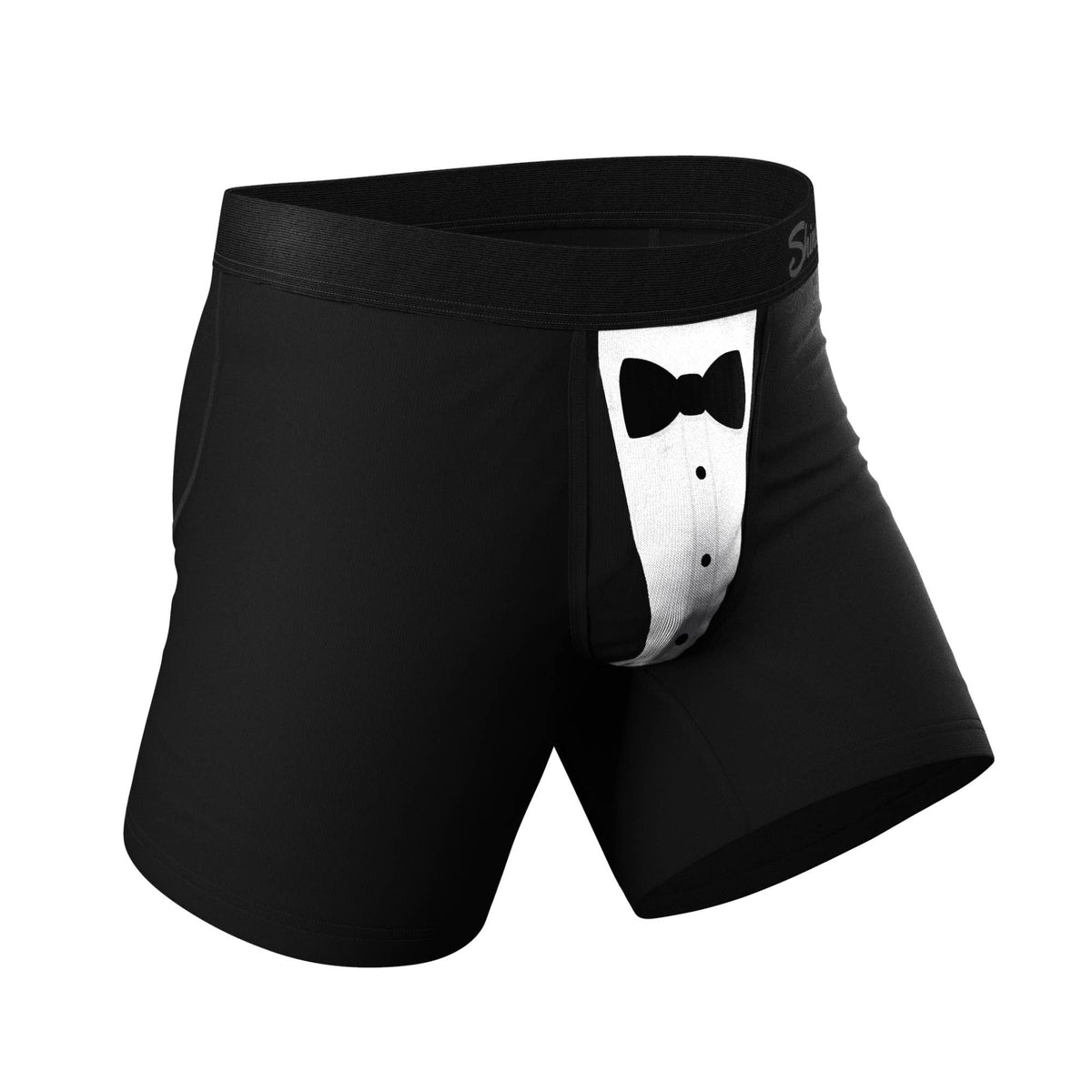 Black tuxedo print boxer brief, angled front view