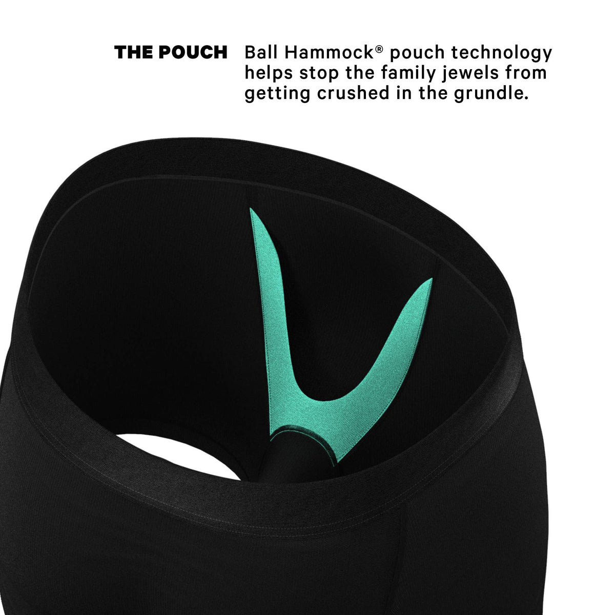 Inside view of the black boxer brief showing the Ball Hammock pouch