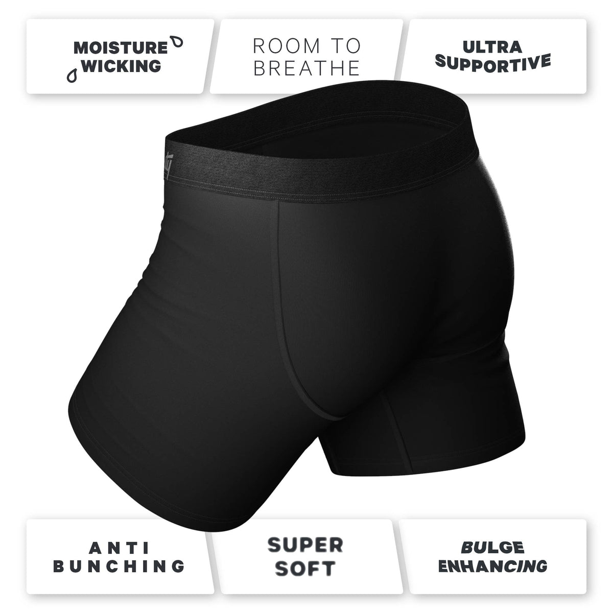Black tuxedo print boxer brief with feature callouts for moisture wicking, breathability and support