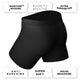 Black tuxedo print boxer brief with feature callouts for moisture wicking, breathability and support