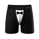 Black boxer brief with a white tuxedo shirtfront and bow tie printed on the pouch, front view