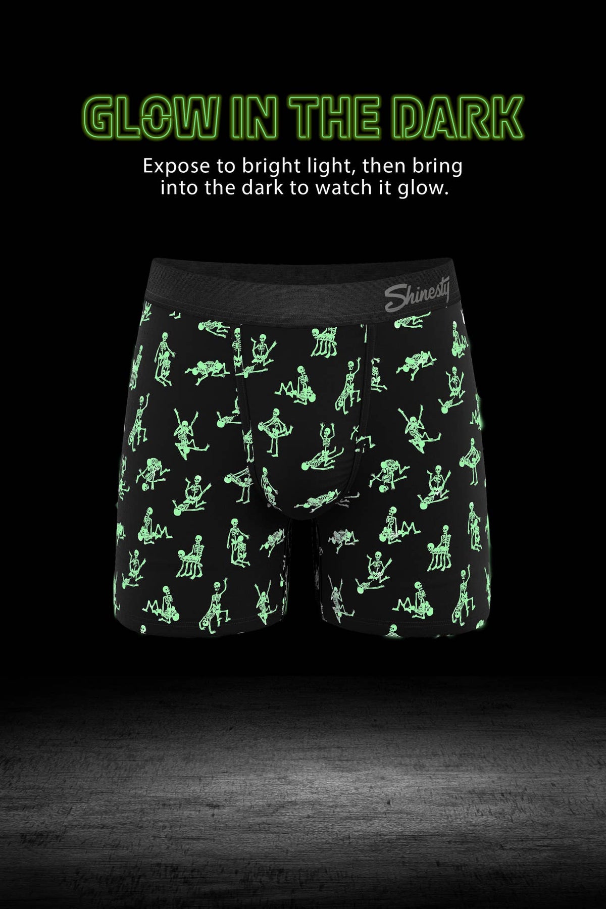 Skeleton print boxer brief glowing green in the dark