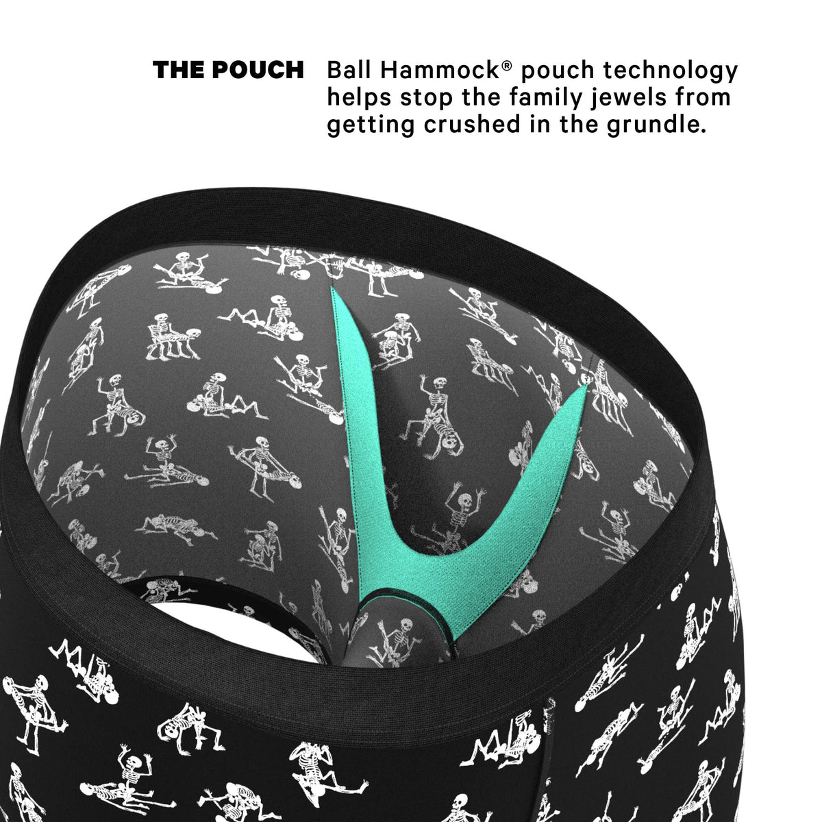 Inside view of the skeleton print boxer brief showing the Ball Hammock pouch