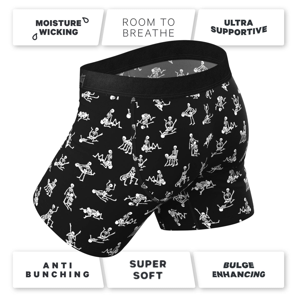 Skeleton print boxer brief with feature callouts for moisture wicking, breathability and support