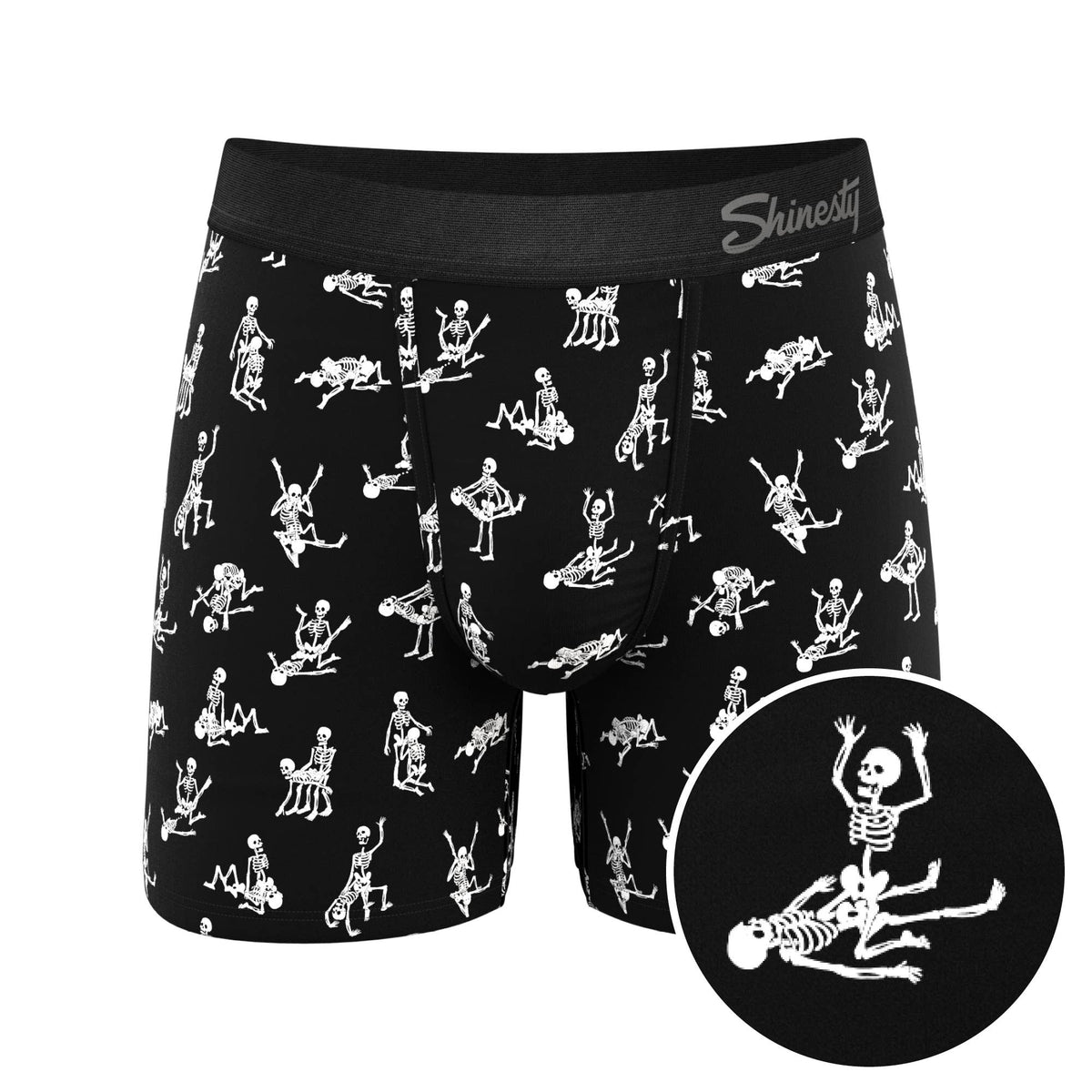 Black boxer brief with a white skeleton print, front view with print detail inset