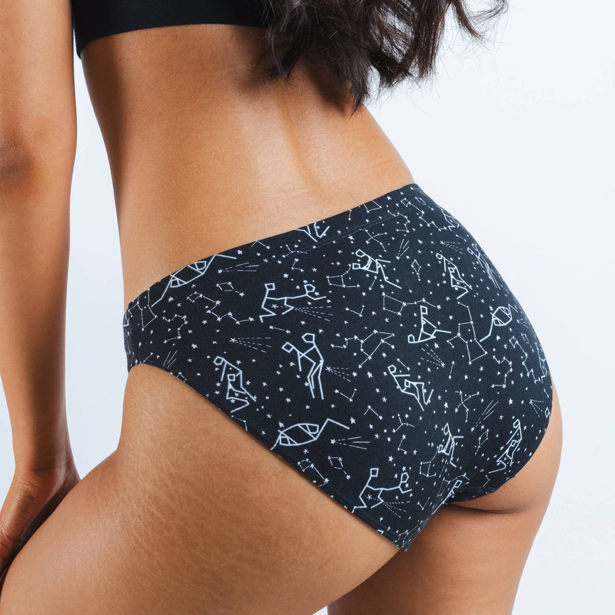 Navy constellation print bikini, angled back view