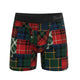 Red, green and navy tartan patchwork boxer brief, front view