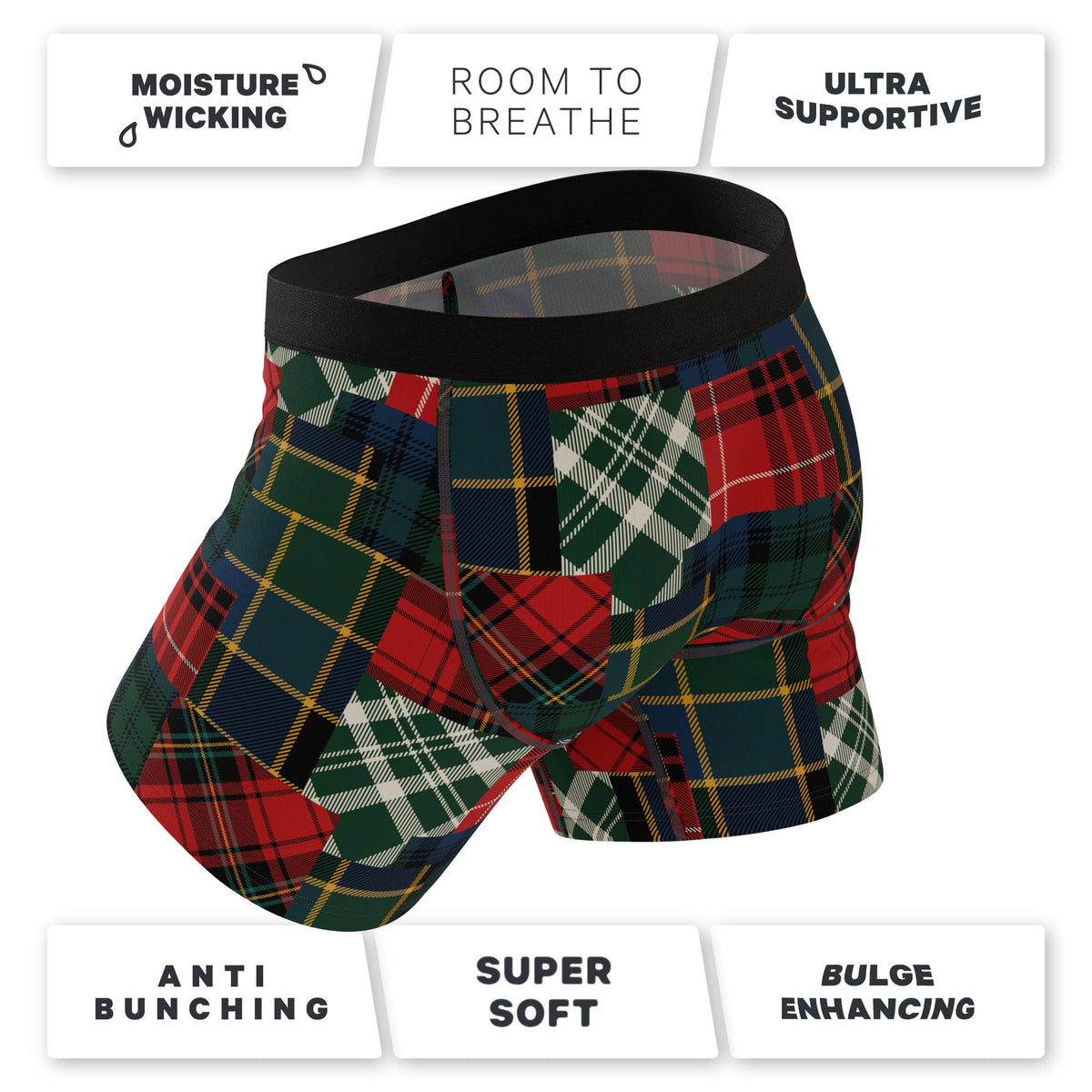 Tartan patchwork boxer brief with feature callouts for moisture wicking, breathability and support