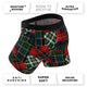 Tartan patchwork boxer brief with feature callouts for moisture wicking, breathability and support