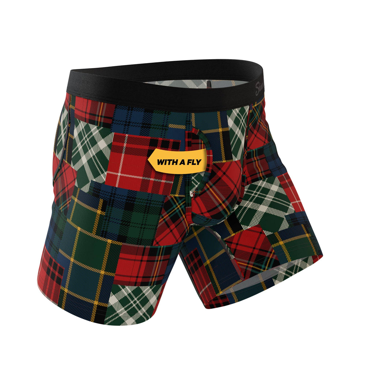 Tartan patchwork boxer brief, angled front view showing the fly