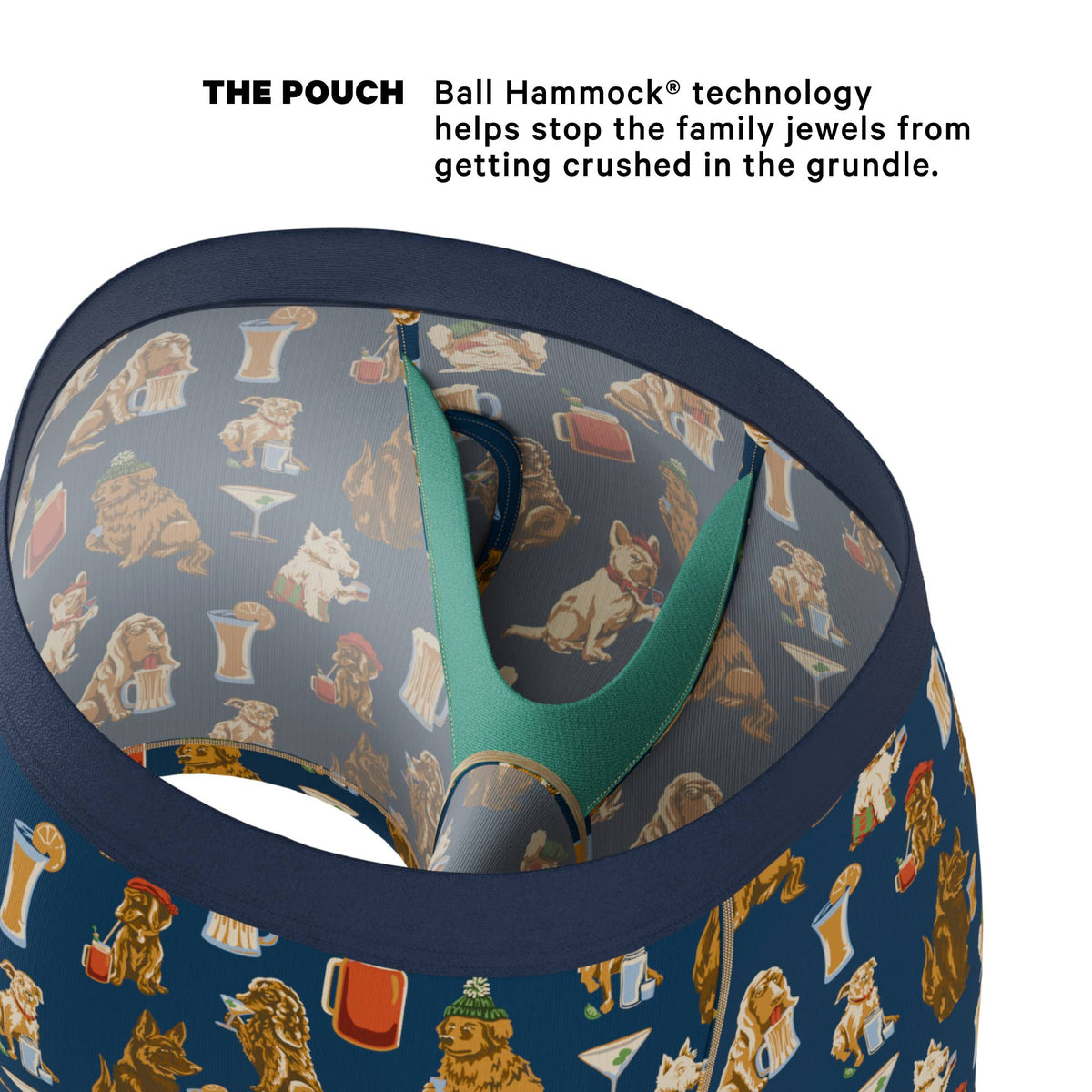 Inside view of the navy dogs and drinks boxer brief showing the Ball Hammock pouch