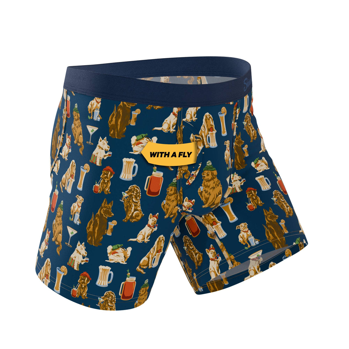 Navy dogs and drinks print boxer brief, angled front view showing the fly