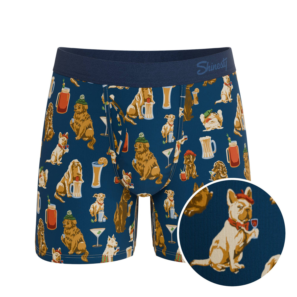 Navy boxer brief printed with dogs and cocktails, front view with print detail inset