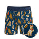 Navy boxer brief printed with dogs and cocktails, front view with print detail inset
